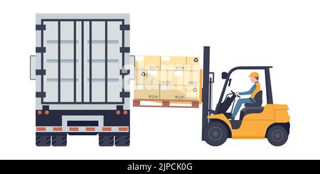 Employé conduisant un chariot élévateur à fourche chargeant une palette avec des boîtes empilées sur un camion-réfrigérateur. Stockage industriel et distribution de produits Illustration de Vecteur