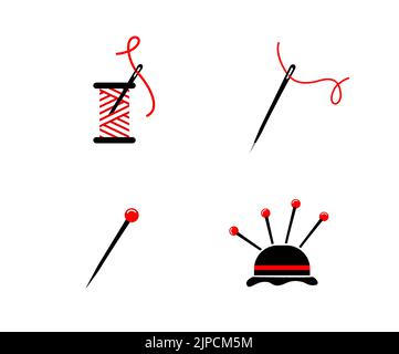 Icônes définies pour personnaliser. Aiguille de prélèvement avec filetage rouge. Boîte à aiguilles. Filetage du tiroir. Icônes liées à la couture vectorielle. Illustration de Vecteur