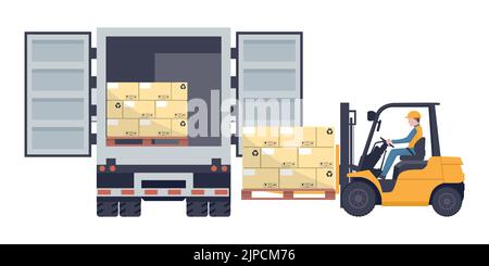 Employé conduisant un chariot élévateur à fourche chargeant une palette avec des boîtes empilées sur un camion-réfrigérateur. Stockage industriel et distribution de produits Illustration de Vecteur