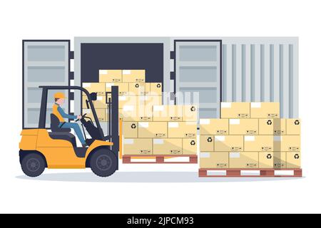 Un chariot élévateur à fourche charge une palette avec des boîtes empilées sur un conteneur de cargaison ou un conteneur d'expédition pour l'entreposage et le transport de marchandises. Industriel Illustration de Vecteur