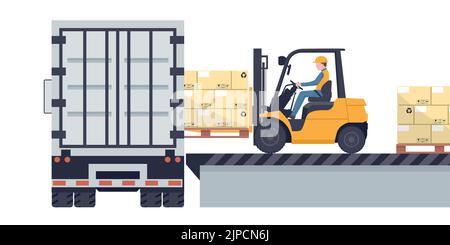 Employé conduisant un chariot élévateur à fourche chargeant une palette avec des boîtes empilées sur un camion-réfrigérateur. Stockage industriel et distribution de produits Illustration de Vecteur