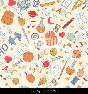 Motif multicolore de fournitures scolaires dans un style de dessin animé pour l'impression et la décoration. Clipart vectoriel. Illustration de Vecteur