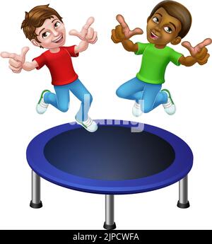 Les enfants sautent sur Un trampoline de dessin animé Illustration de Vecteur