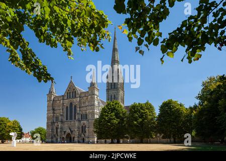 Été midi à la cathédrale de Salisbury, Wiltshire, Angleterre. Banque D'Images