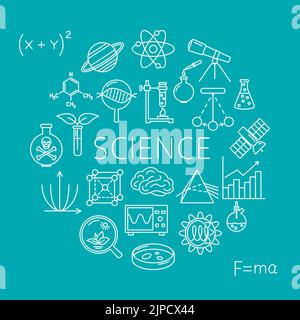 Affiche ronde scientifique en ligne. Bannière avec des éléments scientifiques et des formules. Illustration vectorielle. Illustration de Vecteur