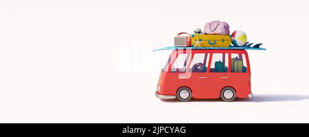 Bus avec bagages et accessoires de plage prêts pour les vacances d'été. Concept de voyage d'été créatif sur fond blanc 3D Render 3D illustration Banque D'Images