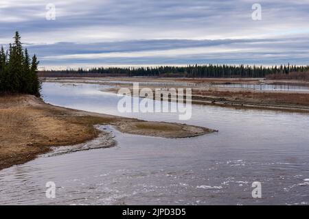 Les clients de Riverboat Discovery s'arrêtent pour une visite au village indien de Chena à Fairbanks, en Alaska Banque D'Images