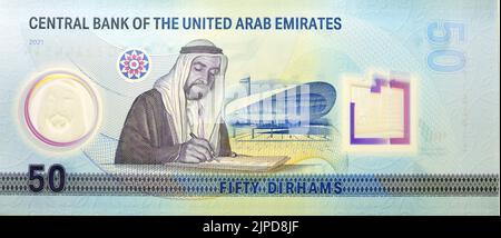 Grand fragment de la face arrière du nouveau polymère commémorative 50 cinquante Dirhams des Émirats Arabes Unis avec Sheikh Zayed bin Sultan Al Nahyan signant l'onu Banque D'Images