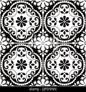 Carreaux azulejo Lisbonne motif vectoriel décoratif sans couture, design rétro portugais noir et blanc avec fleurs, tourbillons et formes géométriques Illustration de Vecteur