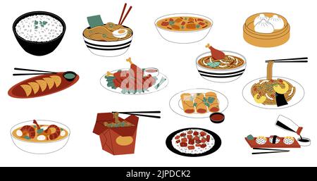Mets épicés de l'est. Dégustez un repas traditionnel japonais et coréen chinois asiatique accompagné d'épices et de sauces aux fruits de mer, de sushis et de soupes aux nouilles Illustration de Vecteur