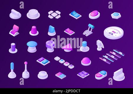 Commutateurs de musique isométriques. Rétro futuriste 3D curseurs analogiques bascule les leviers les bascules et les boutons pour le panneau de commande de montage audio et vidéo Illustration de Vecteur