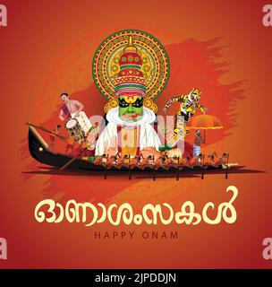 Festival de Kerala heureux onam avec kathakali visage, utilisation pour poster, dépliant , bannière Illustration de Vecteur