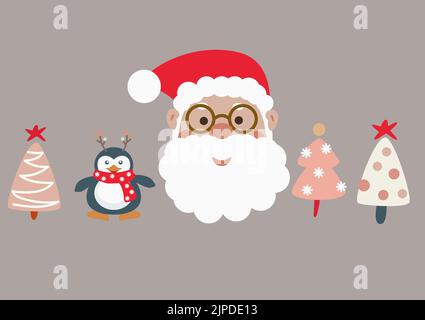 Ensemble de visages amusants pour le Père Noël et le pingouin. Personnages et arbres de dessin animé de Noël. Jolie tête de Père Noël. Illustration de Vecteur