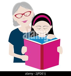 grand-mère et petite-fille appréciant la lecture d'un livre ensemble. Fichier EPS disponible Illustration de Vecteur