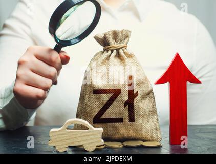 Une femme inspecte un sac d'argent polissé et une voiture. Entretien de voiture coûteux. Augmentation des taxes d'accise sur le carburant. Augmentation des ventes. Sous-support véhicule électrique Banque D'Images