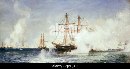 Bravo 'Condor'- le bombardement d'Alexandrie par William Lionel Wyllie le tableau montre une vue depuis les remparts de fort Marabout, avec le navire à canon 'Condor' amarré à gauche du centre, en vue port-Bow. Sa flèche de la jihad, ses mâts avant et principal sont logés et de mi-navires à l'arrière elle est presque occultée par sa fumée de feu. Il y a plusieurs figures sur le pont, l'une peut être Beresford et les autres officiers sur le pont, juste visible par la fumée. À gauche et au-delà, un autre navire à canon s'approche, en vue à tribord-arc pour l'aider. Sur l'arrière-plan de l'image sont des shi distants Banque D'Images