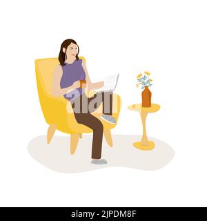 Femme lisant un livre et buvant du thé chaud ou du café plat couleur vecteur caractère sans visage sur fond blanc. Femme se détendant à la maison dans une chaise jaune. G Illustration de Vecteur
