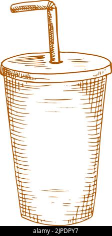 Gobelet en plastique isolé avec couvercle et croquis en paille pour boissons à emporter. Vector soda ou cola, milkshake Illustration de Vecteur