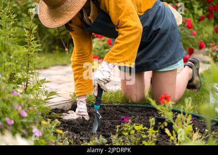 Une jeune fille dans un chapeau de paille est engagé dans le travail de jardinage, la plantation de plantules de fleurs, les graines de plante. Banque D'Images