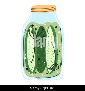 Cornichons de concombre faits maison, légumes en conserve dans un dessin animé à la main de style plat. Illustration vectorielle d'un pot en verre contenant des aliments conservés. Récolte d'automne Illustration de Vecteur