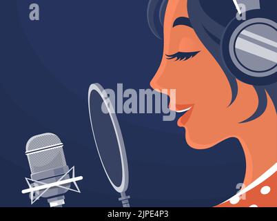 Jeune fille chanteuse dans un studio d'enregistrement. Microphone et casque. Vue rapprochée. Belle chanson et voix. Concert musical, enregistrement d'album, illustration a Illustration de Vecteur