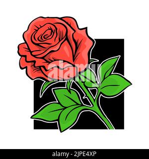 Rose rouge. Dessin à la main avec des lignes. Plantes et fleurs. Symbole de l'amour et de la beauté. Logo décoratif, étiquette. Illustration de dessin animé vectoriel Illustration de Vecteur