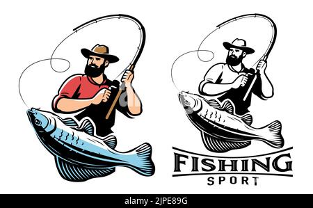 Pêcheur avec emblème de poisson. Pêche sportive, logo pêche à la ligne. Illustration vectorielle isolée sur fond blanc Illustration de Vecteur