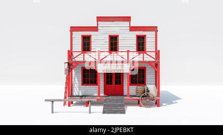 Bâtiment de saloon occidental isolé sur fond blanc, rendu 3D Banque D'Images