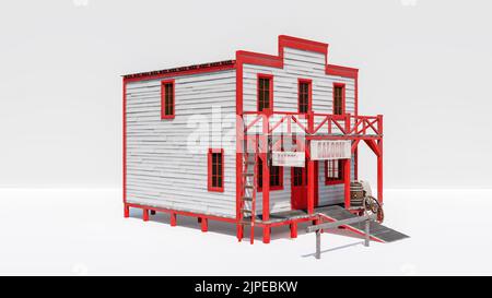 Bâtiment de saloon occidental isolé sur fond blanc, rendu 3D Banque D'Images