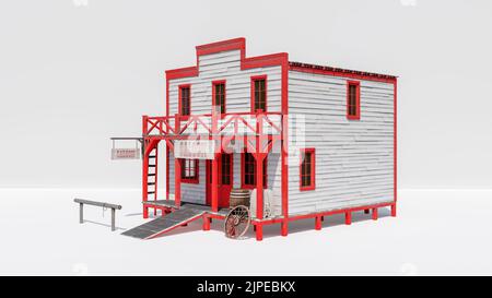 Bâtiment de saloon occidental isolé sur fond blanc, rendu 3D Banque D'Images