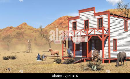 Ancien saloon occidental vintage isolé sur le terrain dans Wild West, rendu en 3D Banque D'Images