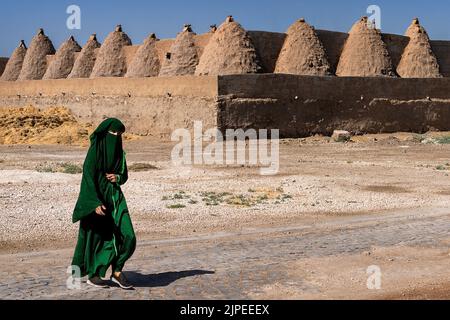 Femme locale en vêtements traditionnels avec les dômes de maisons en briques de boue en arrière-plan, dans le village de Harran, Sanliurfa, Turquie Banque D'Images