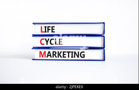 Symbole marketing du cycle de vie LCM. Concept mots LCM cycle de vie marketing sur des livres sur une belle table blanche fond blanc. Cycle de vie de l'entreprise et du LCM Banque D'Images