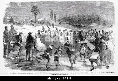 Sports à l'extérieur - les clubs Caledonian et Thistle jouant le jeu national écossais de curling sur l'étang gelé dans le Central Park, New York (1860). Illustration du 19th siècle du journal illustré de Frank Leslie Banque D'Images