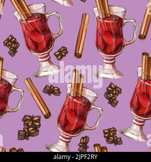 Motif vin chaud d'hiver sans coutures Banque D'Images