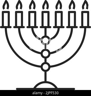 Sept bougies Hanoukkah Menorah ligne isolée Art. Vecteur chandelier juif, symbole judaïsme candelabra. Menorah à sept branches utilisée dans l'ancien Temple de Jérusalem. Candélabre rétro de la religion juive Illustration de Vecteur