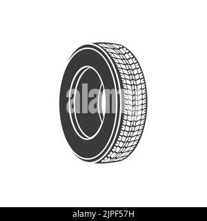 Roue en caoutchouc de voiture partie isolée pneu noir ou icône de pneu. Pièce de rechange pour réparation de véhicule Vector, équipement de mouvement de vitesse, vue latérale. Jante d'automobile avec bande de roulement, maquette de pneus été ou hiver Illustration de Vecteur