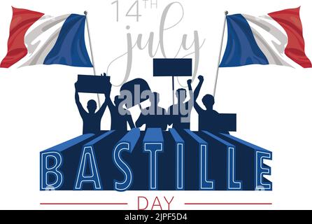 Silhouette de personnes célébrant avec drapeaux fête de la Bastille Vector Illustration de Vecteur