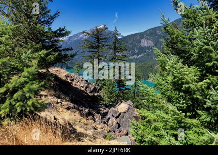 Parc national de North Cascades, lac Diablo, dans l'État de Washington avec arbres à feuilles persistantes en avant-plan Banque D'Images