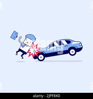 Homme d'affaires sur le point d'être frappé par une voiture, Road Safety. Vecteur de style ligne fine de personnage de dessin animé. Illustration de Vecteur