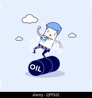 Homme d'affaires qui équilibre sur le roulement de tonneau de pétrole. Vecteur de style ligne fine de personnage de dessin animé. Illustration de Vecteur