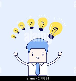 Homme d'affaires avec des ampoules d'idée de taille différente. Vecteur de style ligne fine de personnage de dessin animé. Illustration de Vecteur