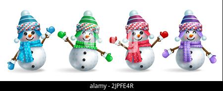 Ensemble de personnages de noël Snow man. Bonhomme de neige 3D enfants caractère dans des visages amicaux et mignons avec chapeau, écharpe et gants isolés sur fond blanc. Illustration de Vecteur