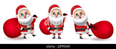 Jeu de personnages de noël du Père Noël. Personnage de Noël santa claus en position debout et tirant sac rouge pour vacances Noël collection isolée. Illustration de Vecteur
