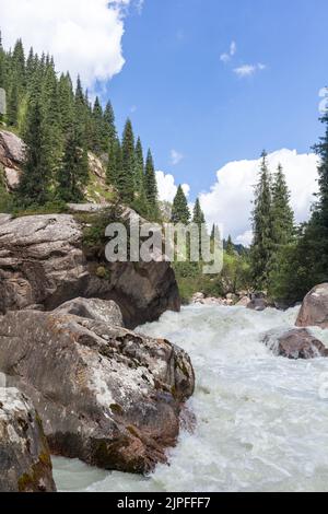 Une belle rivière de montagne orageux de teinte laiteuse coule rapidement entre Banque D'Images