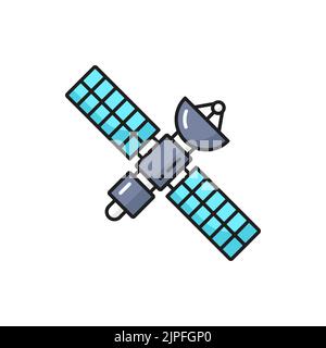 Satellite spatial avec panneaux solaires et icône de contour d'antenne. Technologies de communication et de télécommunication, innovation dans la recherche spatiale, symbole ou pictogramme de vecteur de ligne mince diffusé sur Internet Illustration de Vecteur