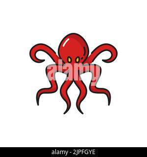 Octopus rétro huit-limbed mollusque isolé animal marin symbole de la piraterie. Poulpe à corps doux rouge vectoriel, emblème des fruits de mer. Mascotte de trophée de sport de pêche, octopoda animal marin avec tentacules sucer Illustration de Vecteur