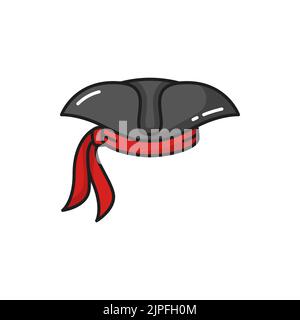 Chapeau de pirate noir avec bandana rouge, capitaine casque isolé de voile chapeau icône de contour. Ensemble de fantaisie de robber vectoriel avec de grands pôles, headaddress de tricorne de mer. Accessoire de costume de tête de carnaval d'Halloween Illustration de Vecteur