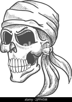 Squelette du crâne dans l'esquisse de tatouage isolé de bandana, vue de profil. Symbole de mort vectorielle, motif tatouage Illustration de Vecteur