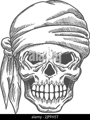 Crâne pirate dans bandana isolé squelette humain tête esquisse. Vecteur symbole de la mort de marin Illustration de Vecteur